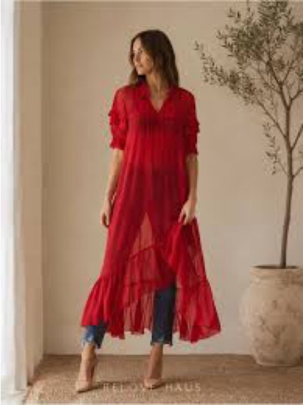 Sandro Red V-Neck Ruffle Maxi Dress